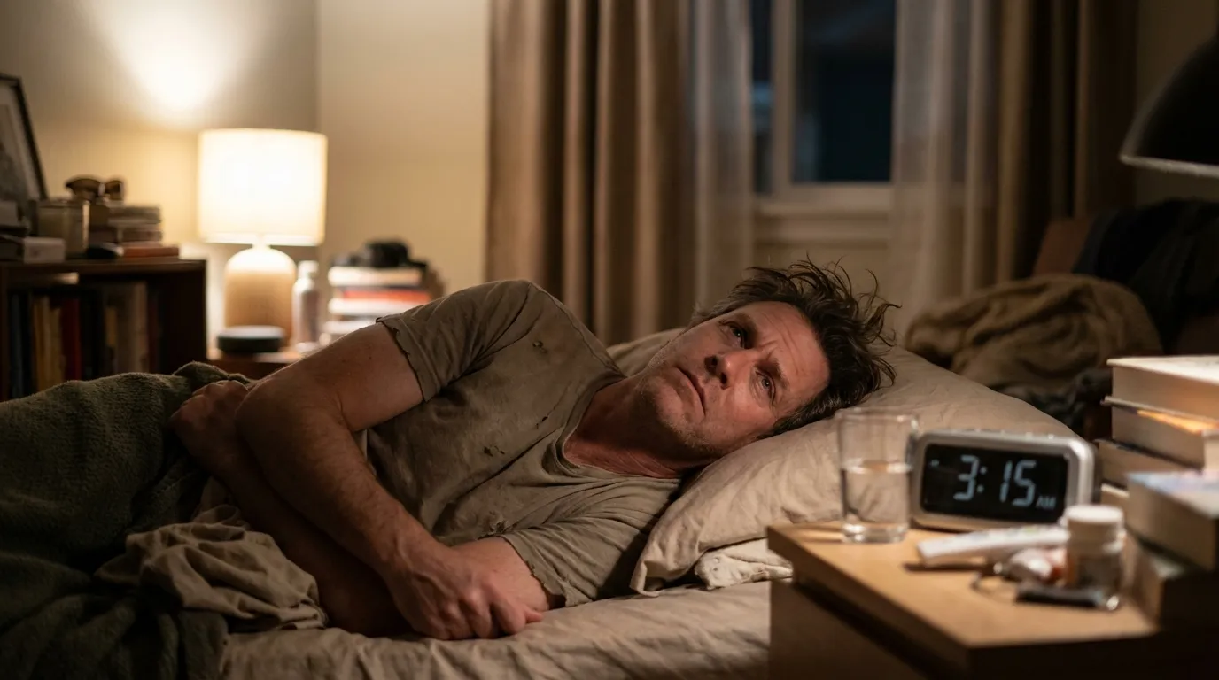 A man lies awake at 3:15 AM, his weary expression hinting at the profound exhaustion many men address with TRT.