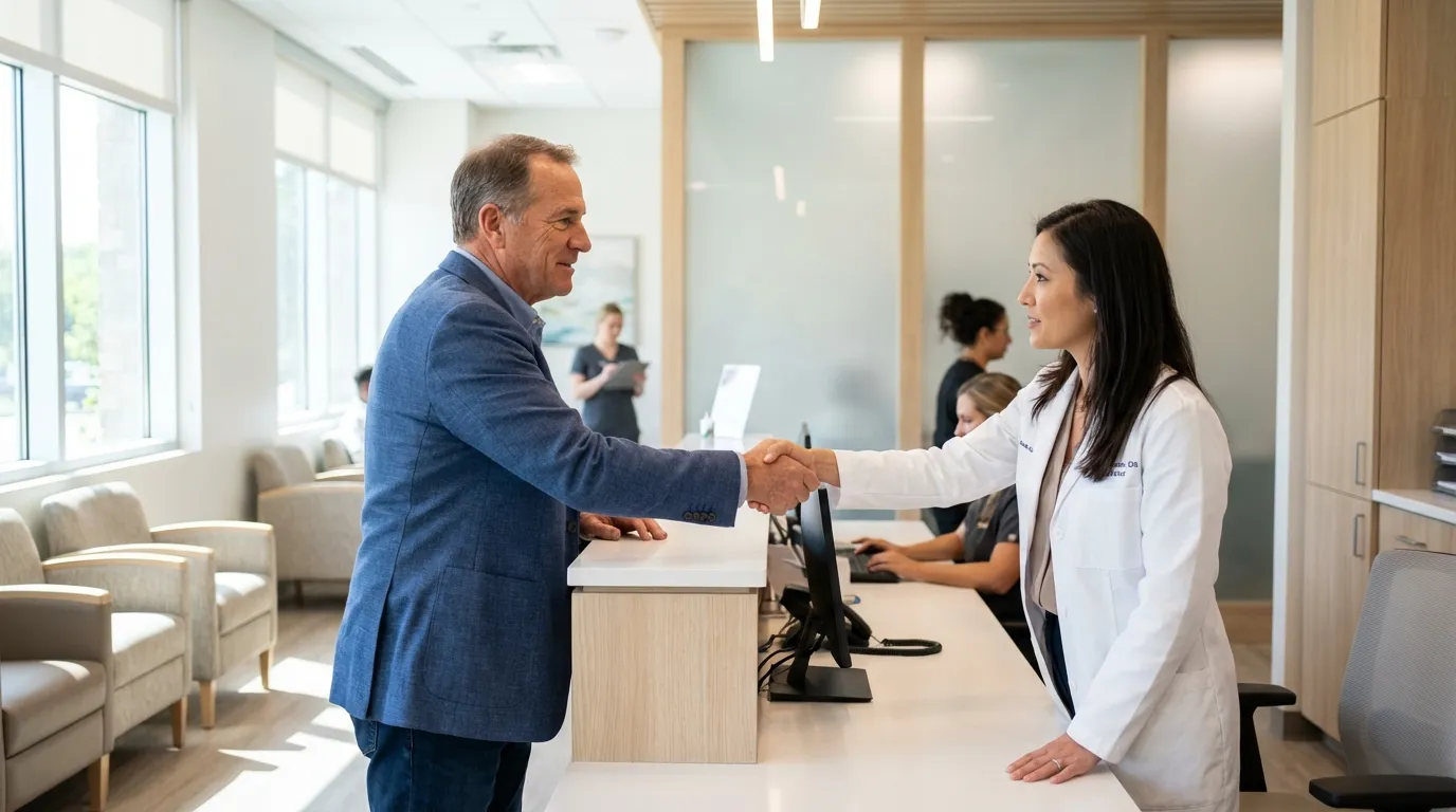 A smiling man shakes hands with a friendly doctor at a modern clinic reception, experiencing renewed hope found through testosterone therapy.