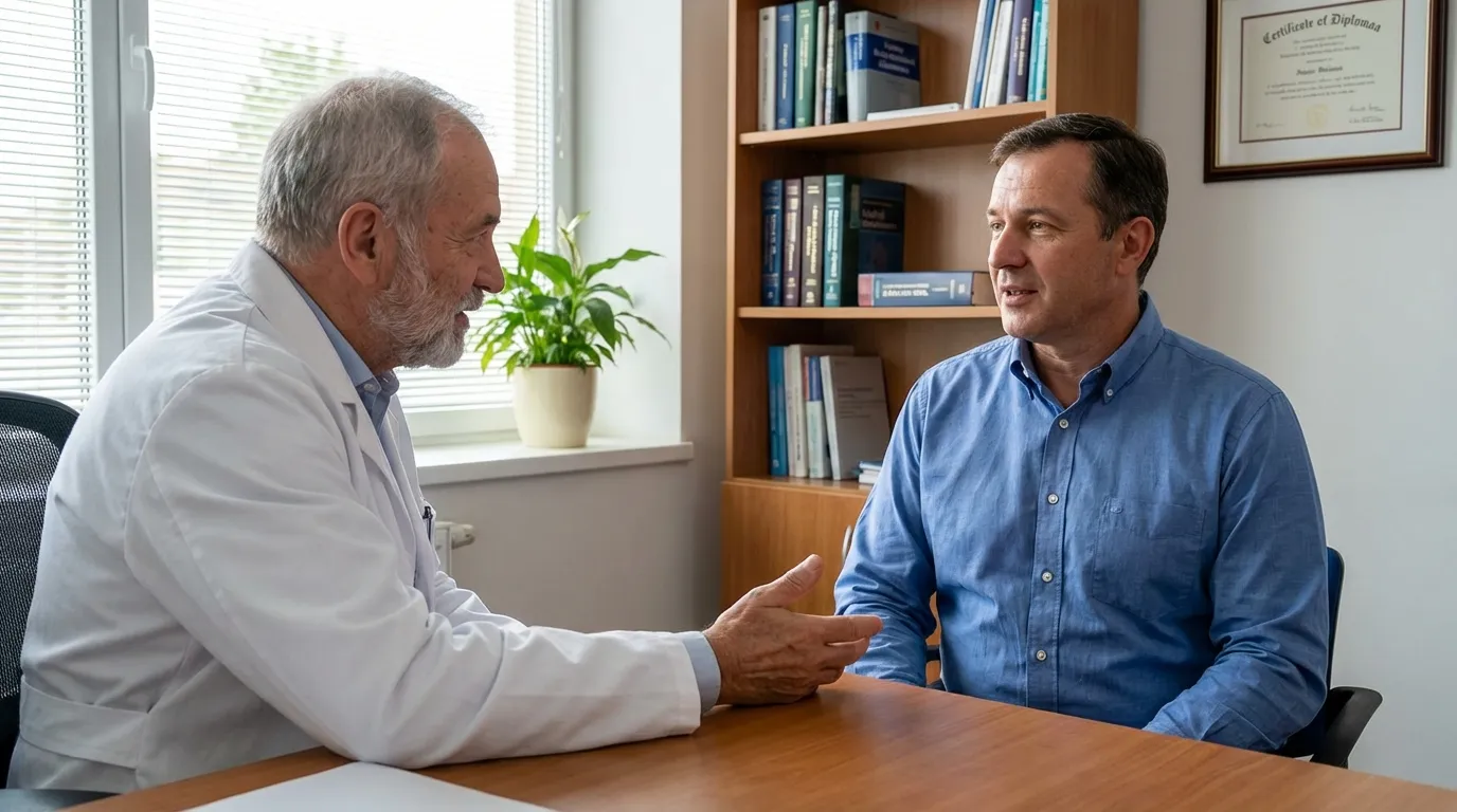 A caring doctor explains treatment options to a thoughtful man in his office, discussing how testosterone therapy can improve mood.