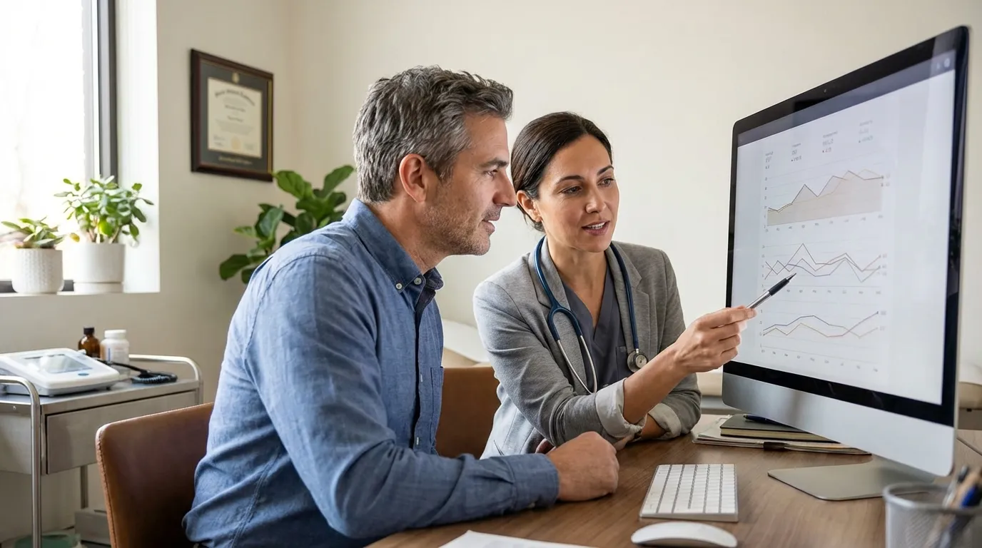 A doctor reviews medical graphs on a monitor with a man, discussing health trends often improved by testosterone therapy.