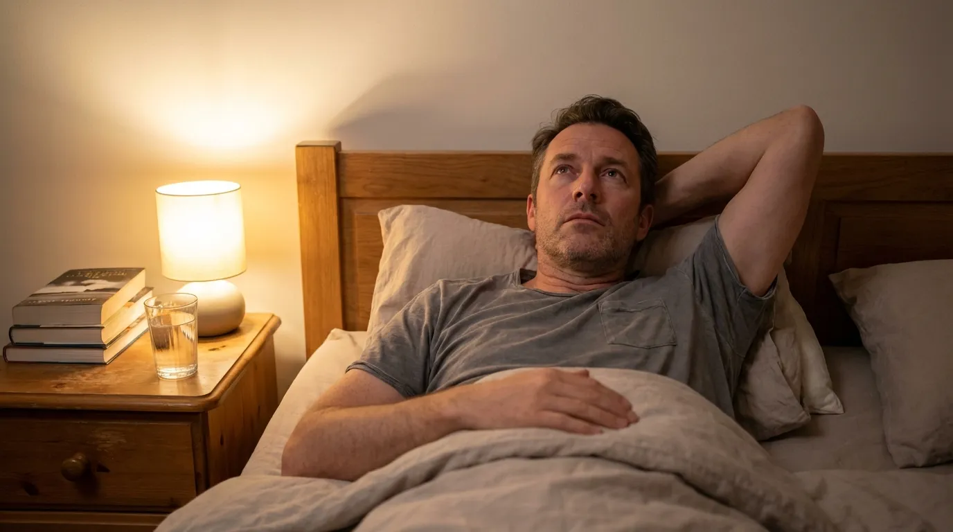 A thoughtful father lies awake in bed, his mind restless, a common sign that leads men to explore testosterone therapy.