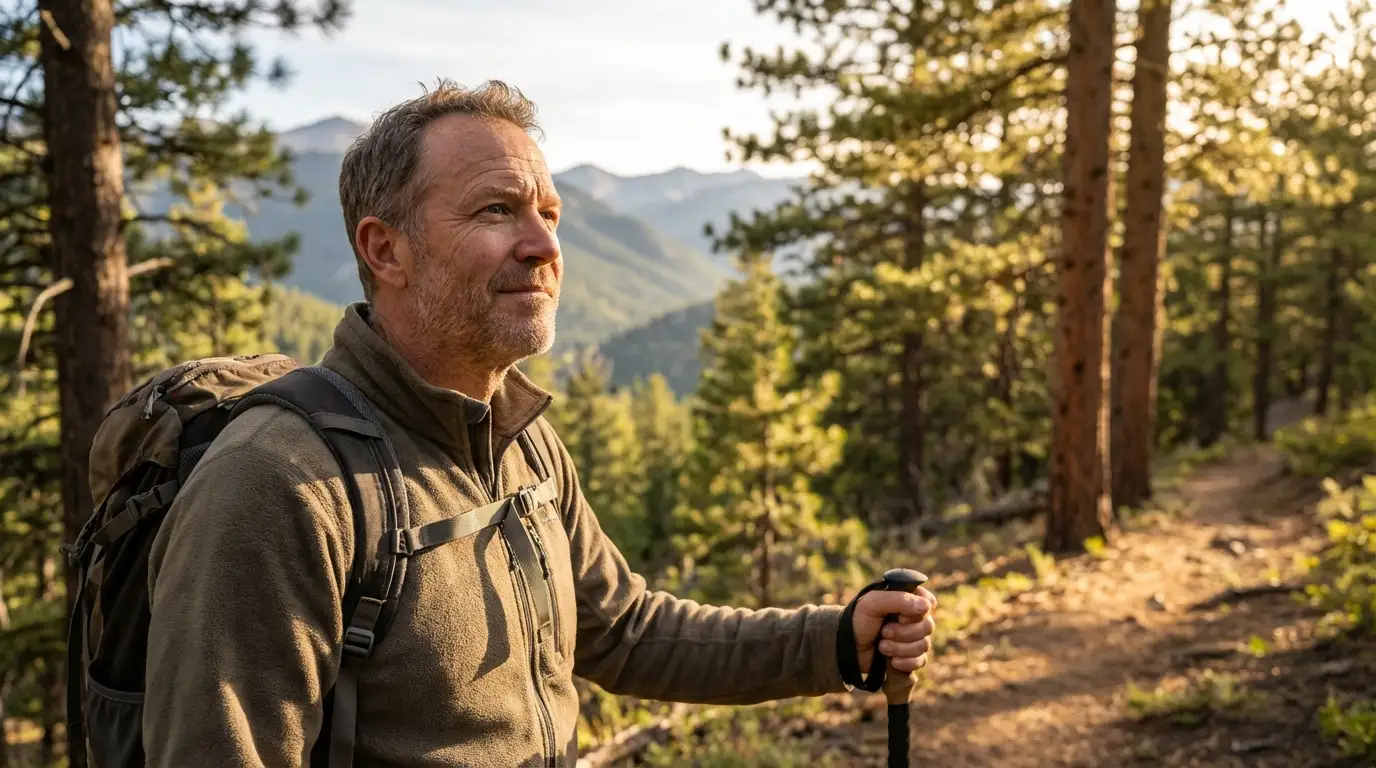 A man feeling energized by testosterone therapy hikes a sunny mountain trail, enjoying the scenic forest and clear skies.