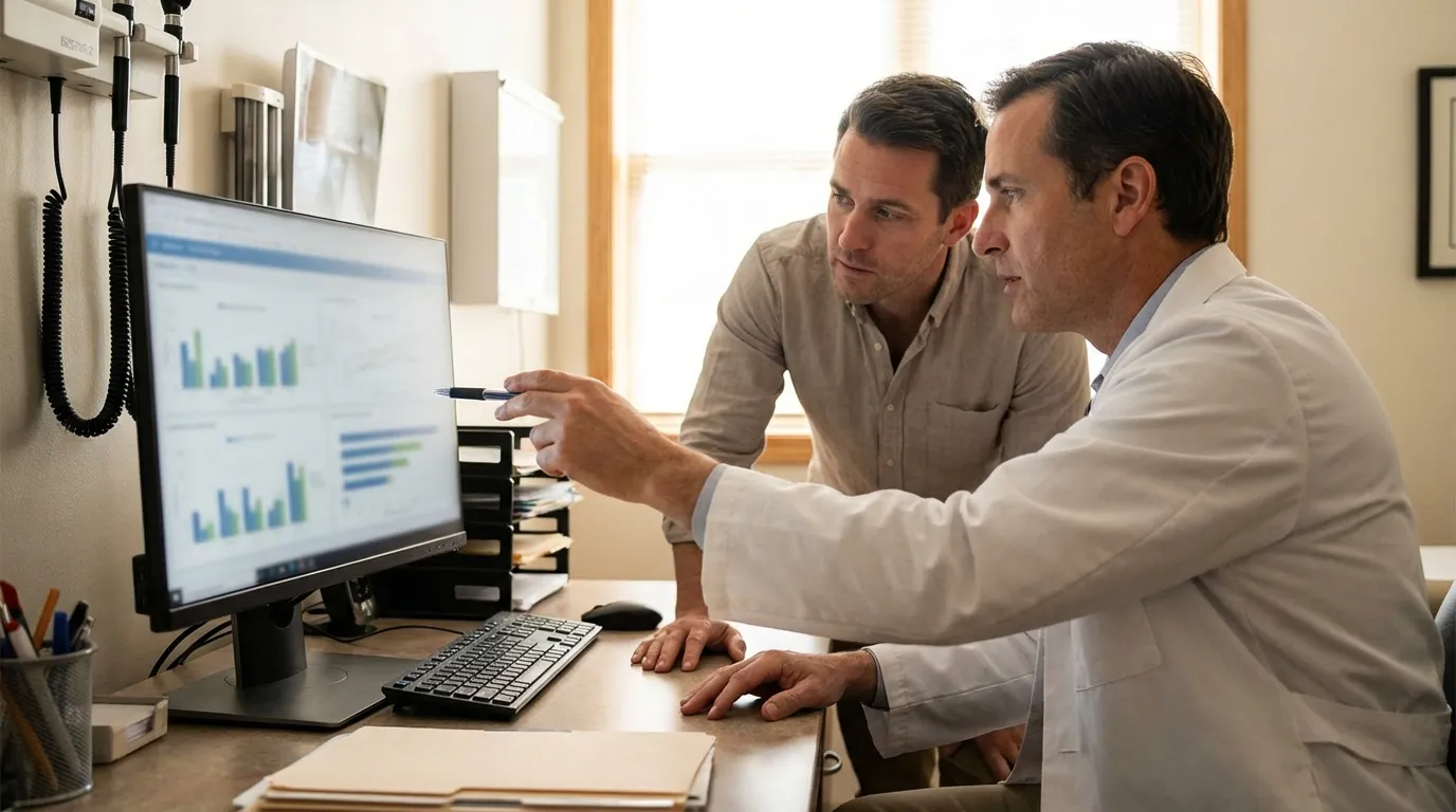 A doctor and male patient review health data on a monitor, discussing the positive outcomes of testosterone replacement therapy.