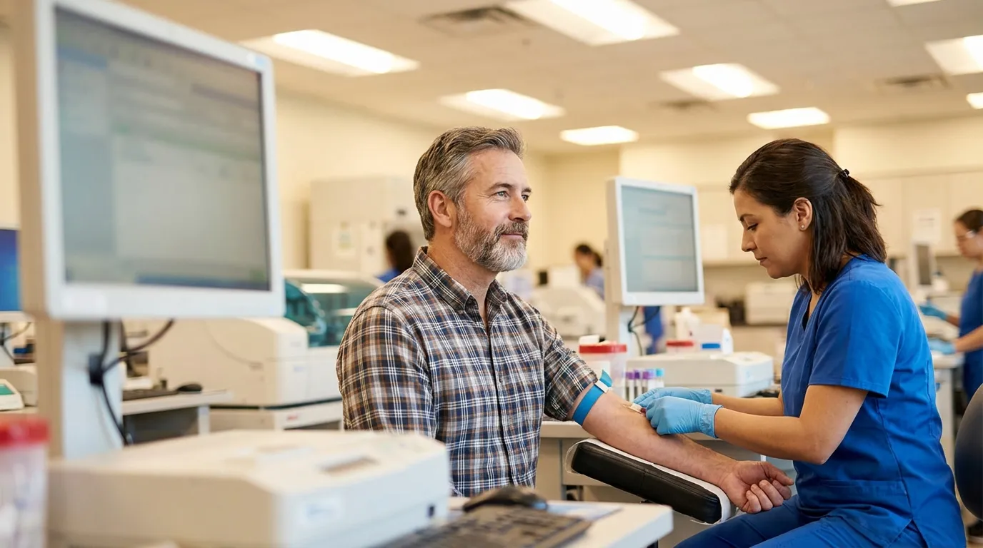 A man receives a blood draw from a nurse in a lab, a common procedure for men seeking testosterone replacement therapy.