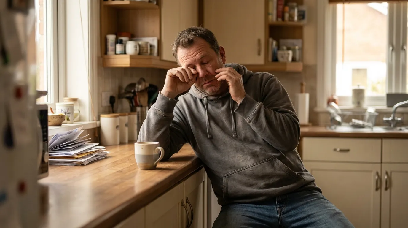 A father rubs his tired eyes in the kitchen, a common sign of low energy leading men to explore TRT.