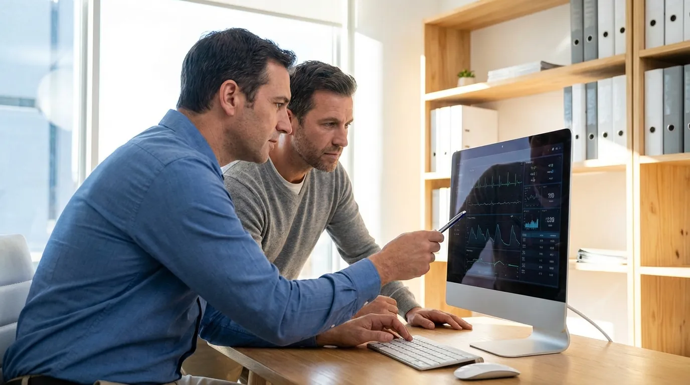 Two men review health data on a computer screen, a process many follow before initiating testosterone replacement therapy.