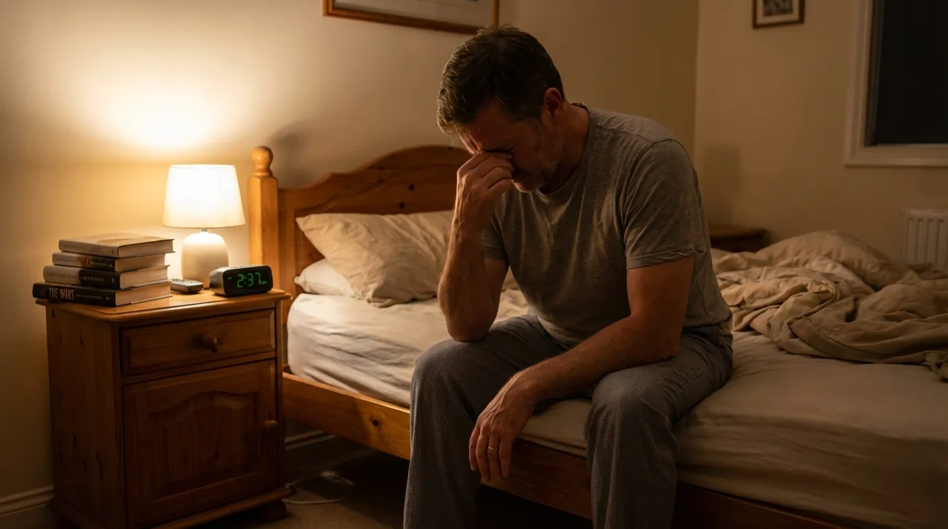 A man sits on his bed at 2:37 AM with his head in his hands, reflecting the deep fatigue that leads many to explore testosterone therapy.
