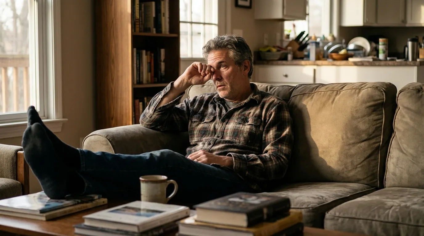 A weary man sits on a couch, rubbing his eye, looking tired, a common sign many men experience before exploring testosterone therapy.