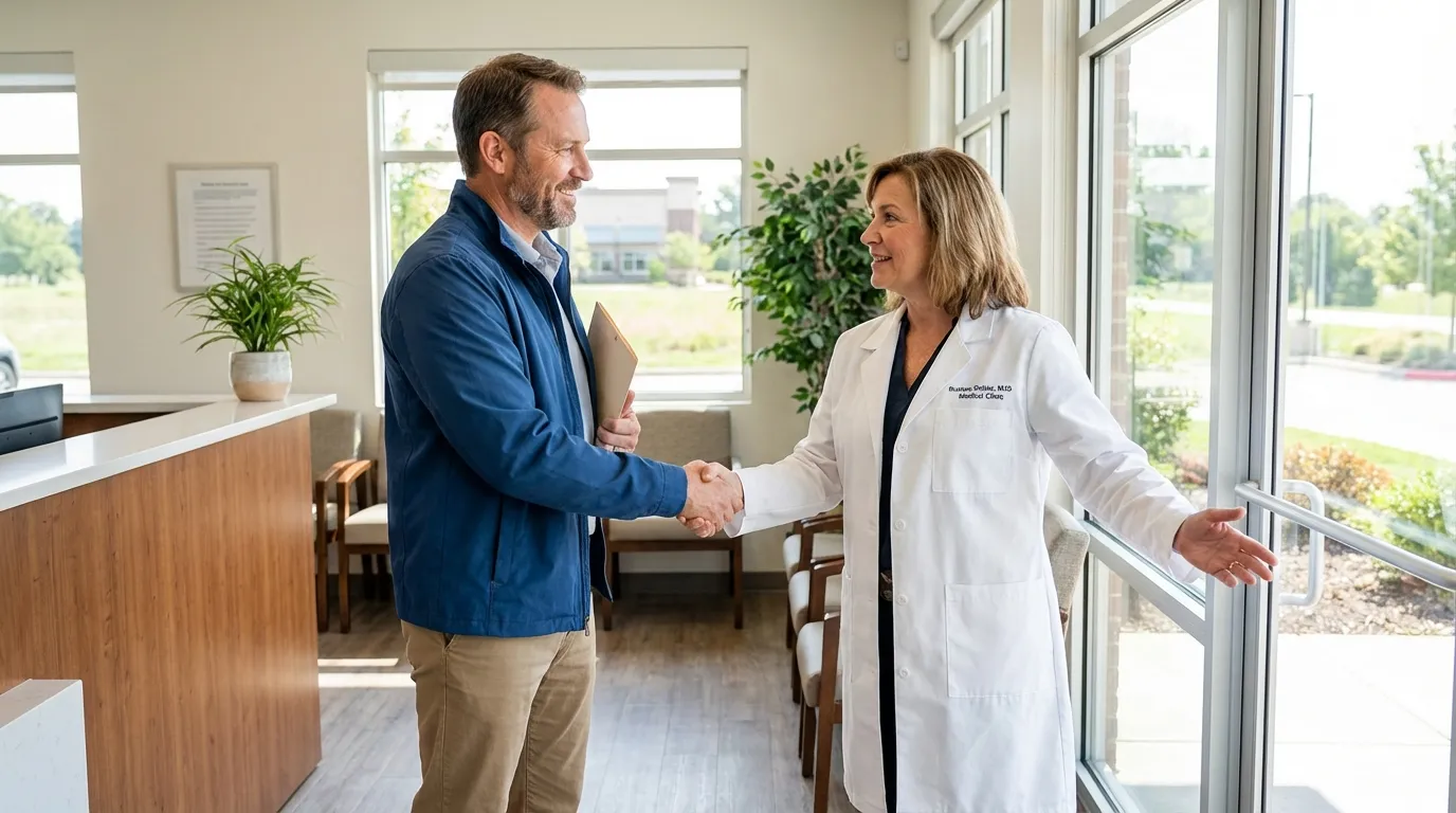 A friendly doctor greets a man in a modern clinic, a welcoming first step for men seeking testosterone replacement therapy.