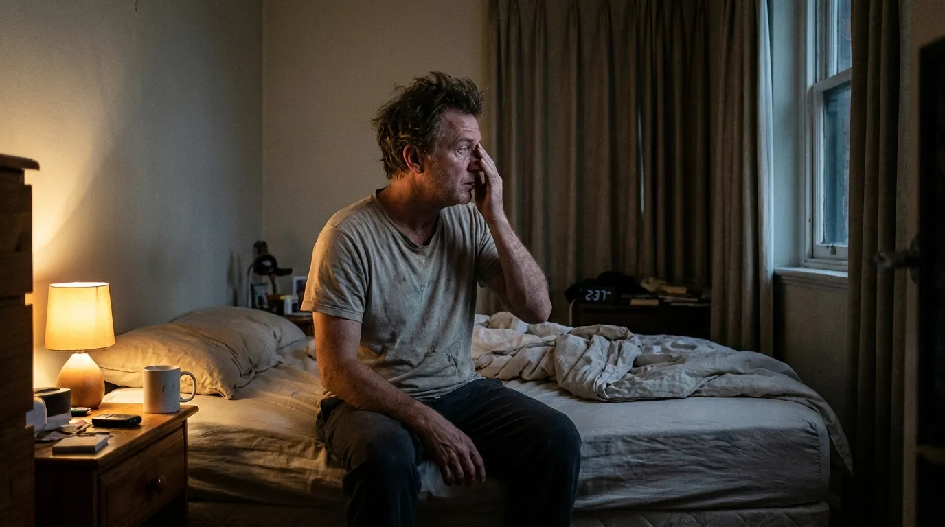 A man awake in his dim bedroom at 2:37 AM, reflecting the profound fatigue that often leads men to seek TRT.