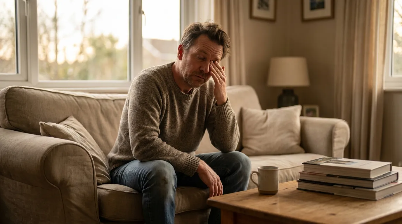 A man sits tiredly on a sofa, rubbing his eye in his living room, representing the fatigue that often prompts men to consider TRT.