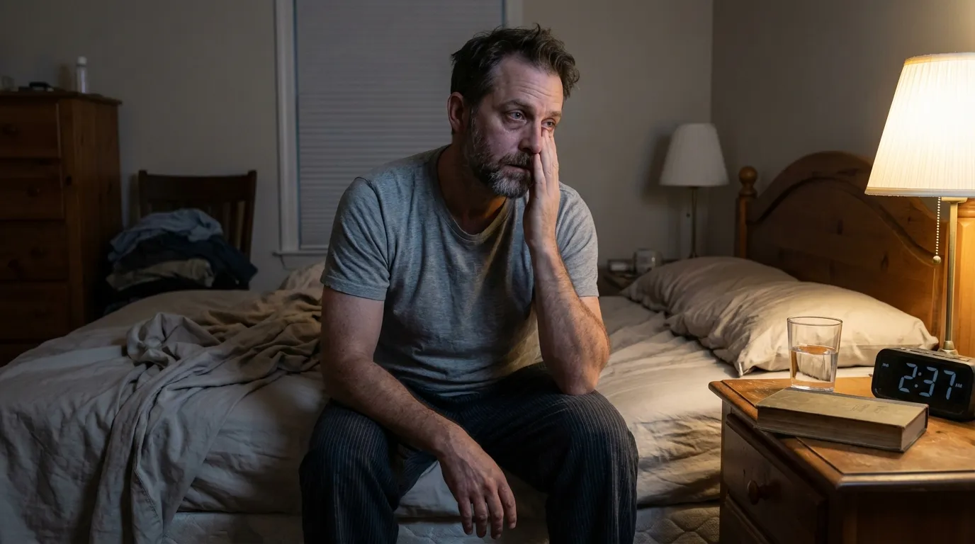 A tired man sits on his bed in the dimly lit bedroom, experiencing the low energy that often leads men to explore testosterone therapy.