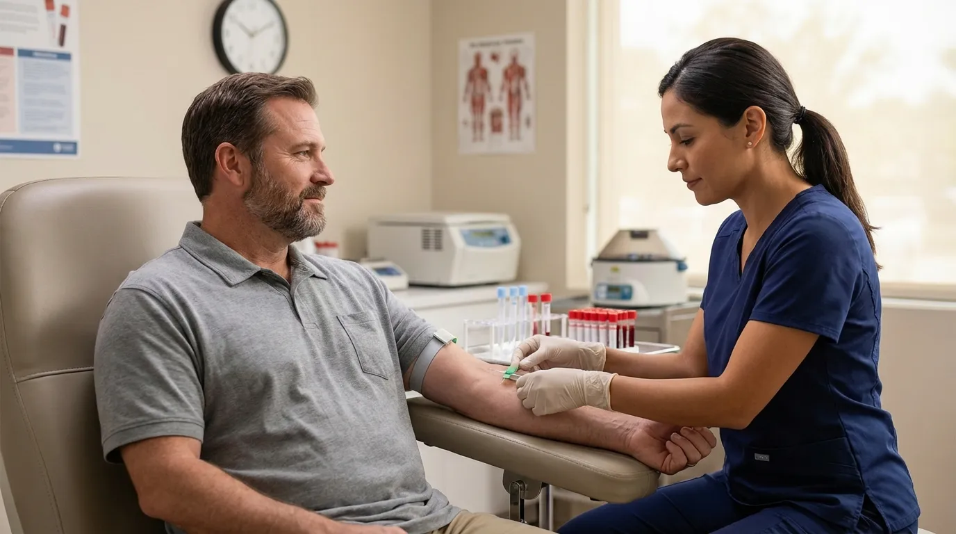 A male patient calmly receives a blood draw from a nurse in a clinic, a key step for men exploring testosterone replacement therapy.