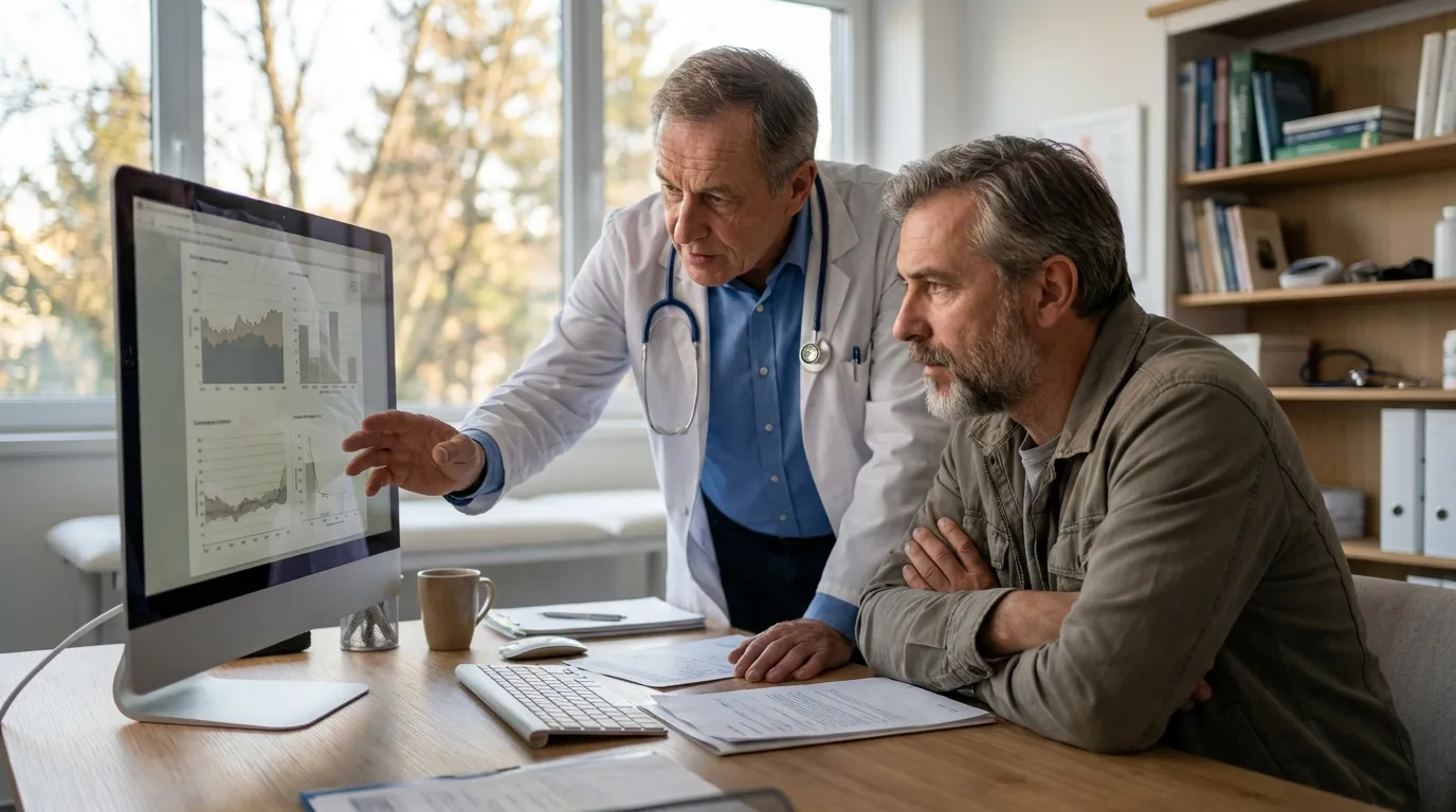 A compassionate doctor explains medical charts on a computer screen to a focused patient, reviewing data for testosterone therapy.