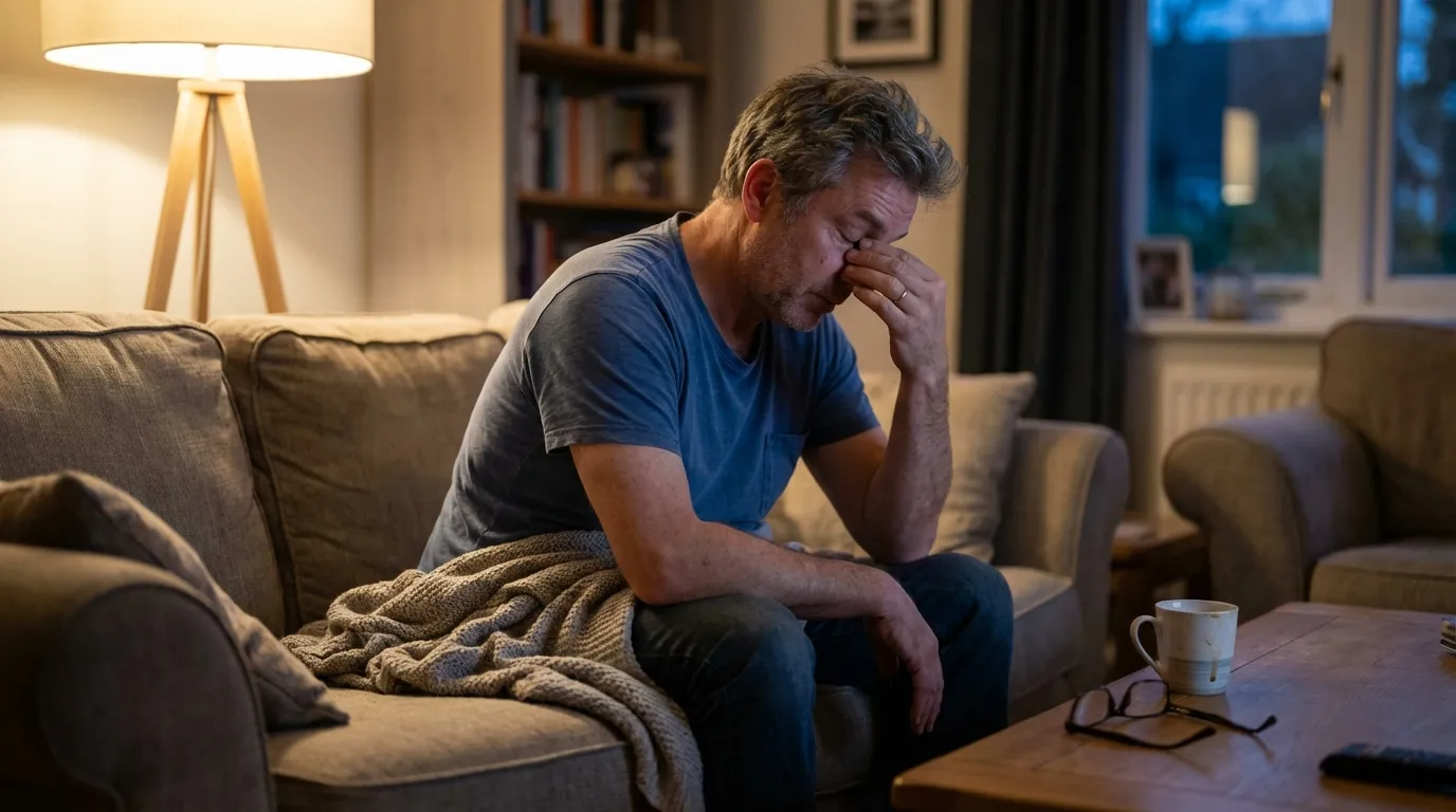 A pensive man sitting on his couch with his hand on his face, a common sign of the fatigue that often leads men to explore TRT.