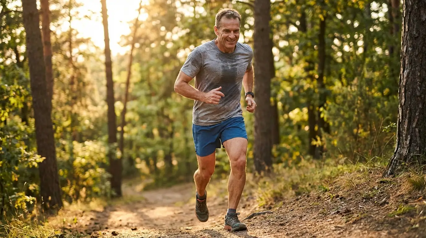 A smiling, active man trail running through a sunlit forest, embodying the renewed energy that testosterone therapy can provide.