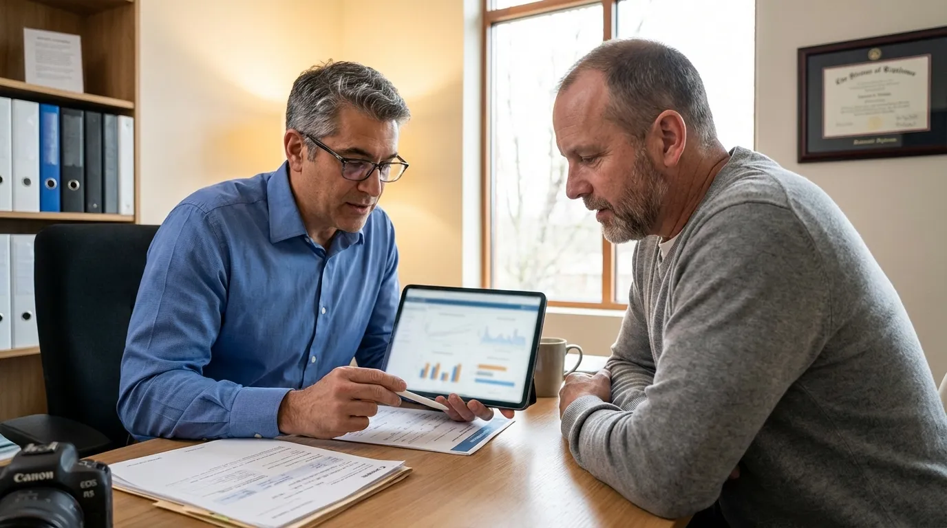 A male advisor explains data on a tablet to a focused client, demonstrating clarity often needed for testosterone therapy.