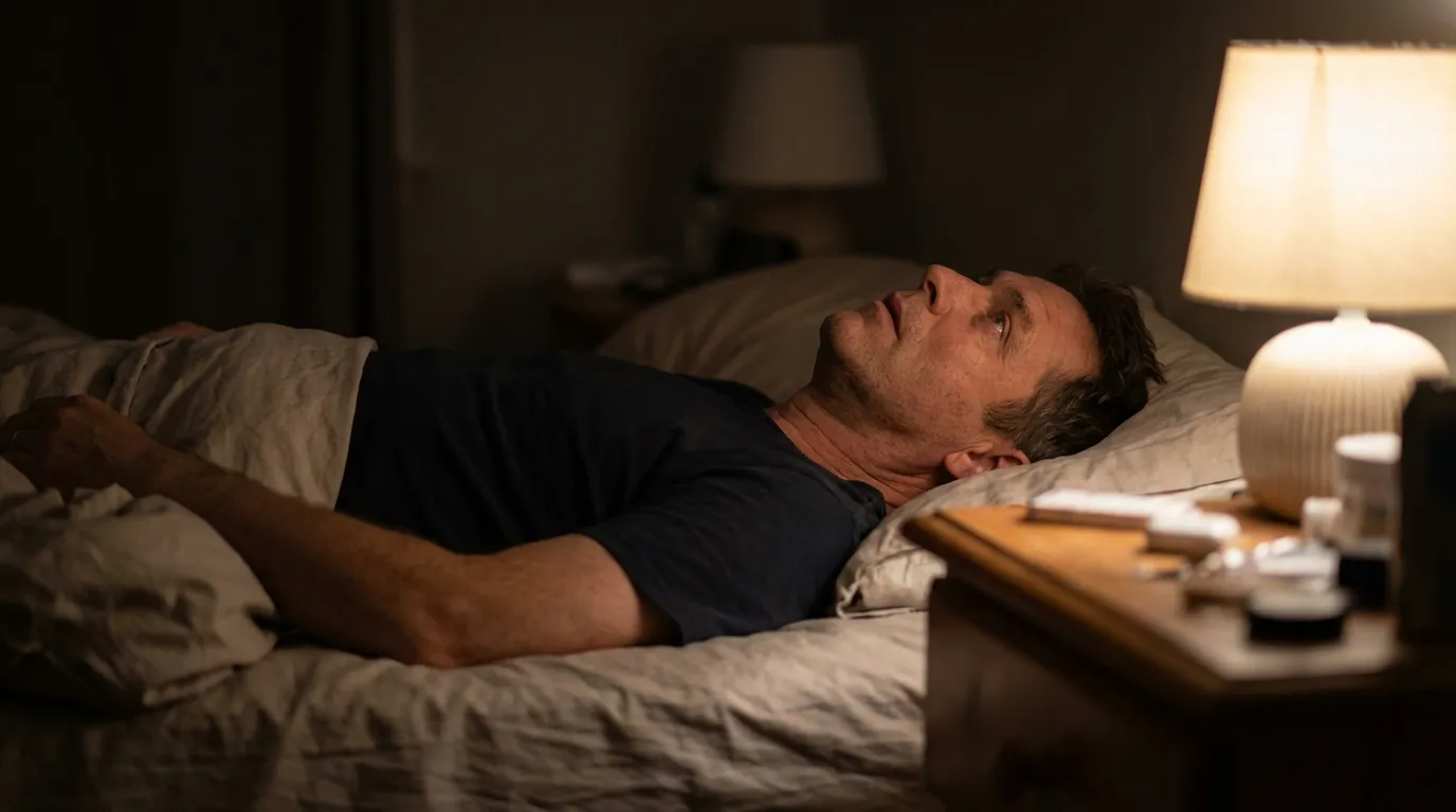 A man lies awake in bed, appearing restless, a common sign that leads many men to explore testosterone therapy.