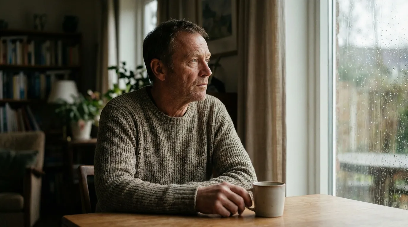 A thoughtful man looks out a rainy window, perhaps experiencing the mood shifts many men face before starting testosterone therapy.