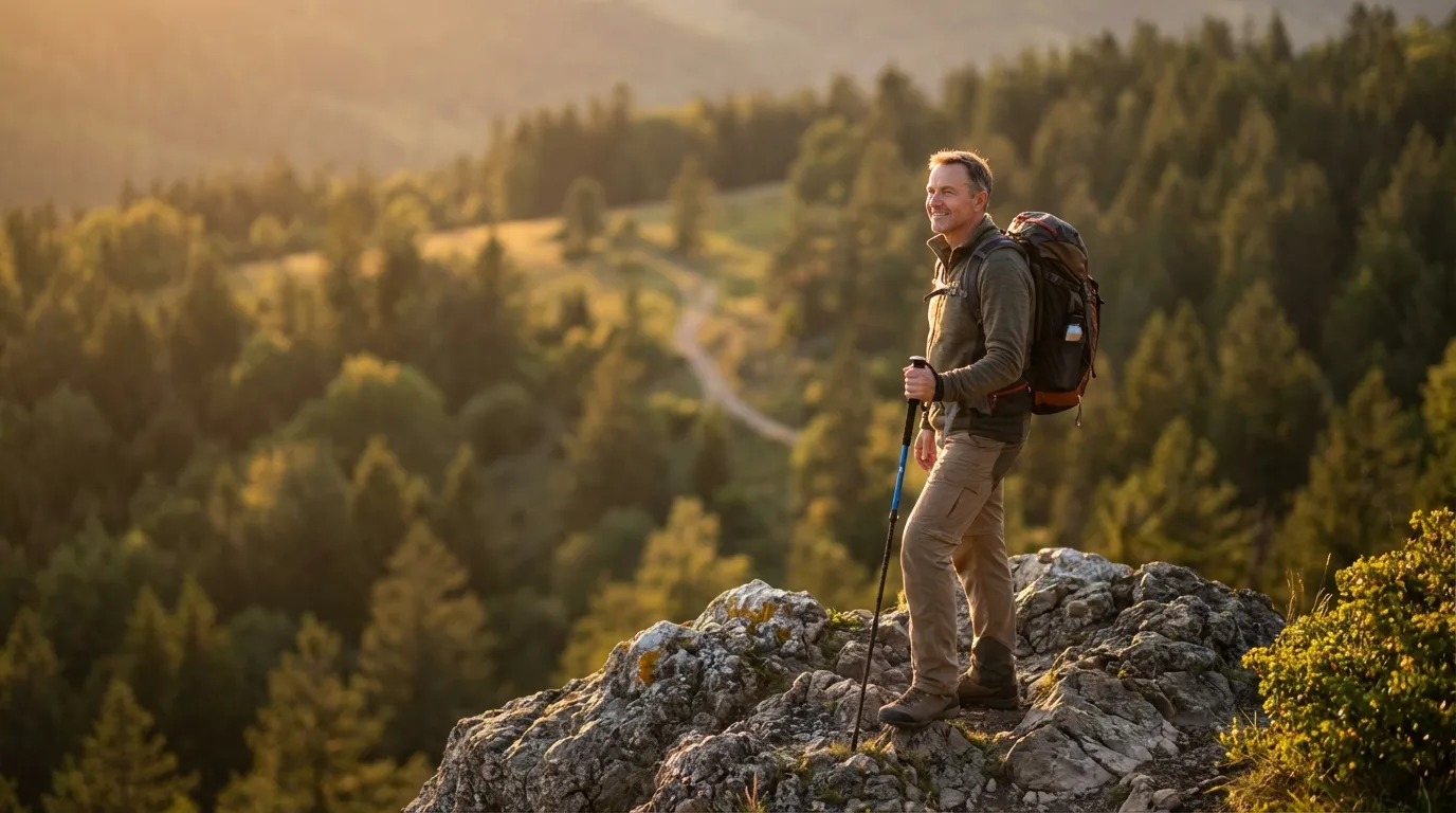 A smiling man, revitalized by testosterone therapy, stands on a sunny mountain peak overlooking a vast forest.