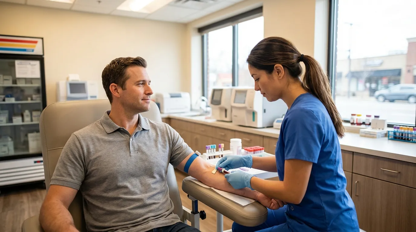 A calm man in a clinic receives a blood draw from a nurse, a routine step for assessing health and starting testosterone therapy.
