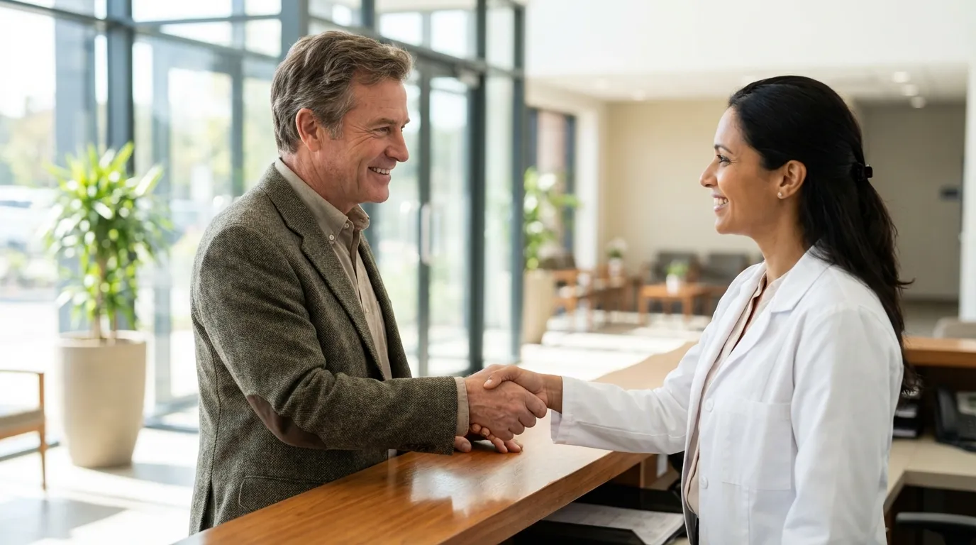 A smiling mature man shakes hands with a friendly doctor at a modern clinic, signifying a positive start to testosterone replacement therapy.