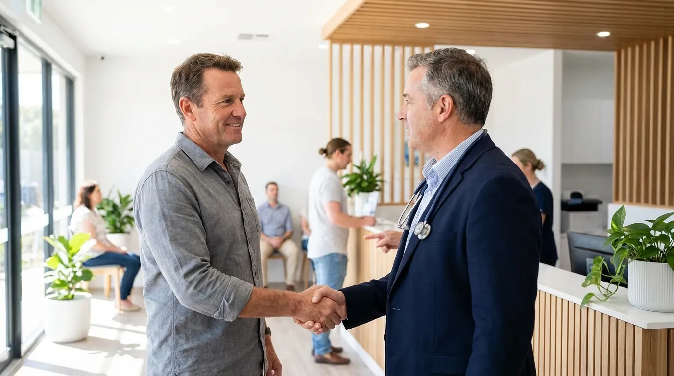 A doctor and a middle-aged man smiling while shaking hands in a modern clinic, discussing testosterone replacement therapy.