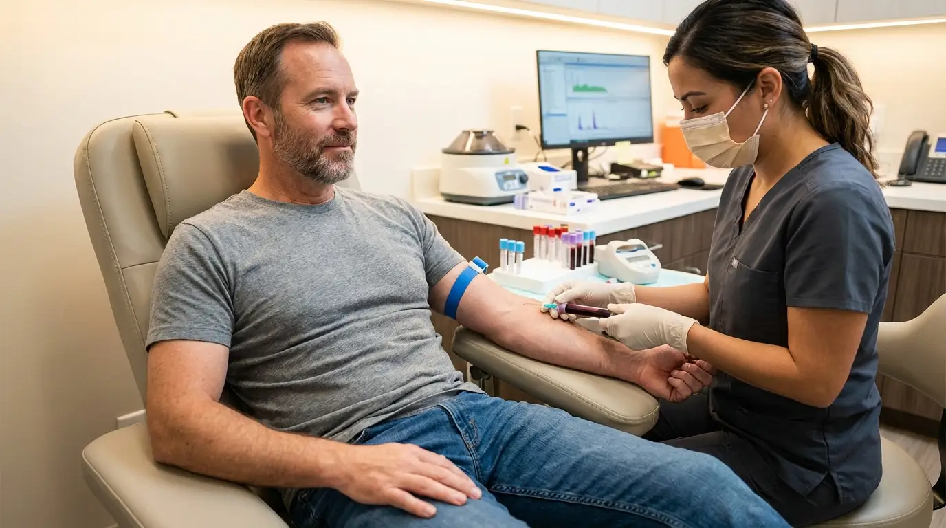 A calm man has blood drawn by a nurse in a medical clinic, a routine step for many men exploring testosterone replacement therapy.