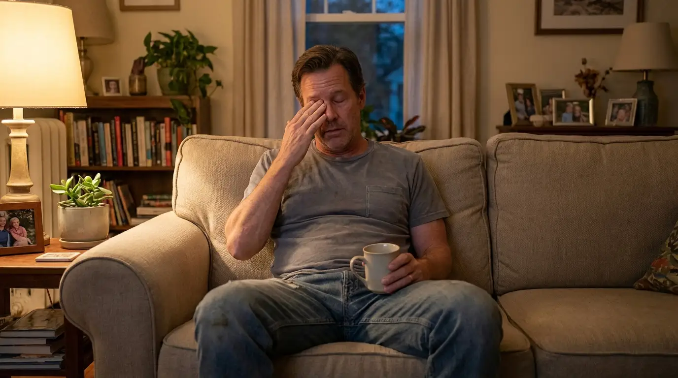 A tired father rubs his eyes on the couch, holding a mug, showing the profound fatigue many men feel before exploring TRT.