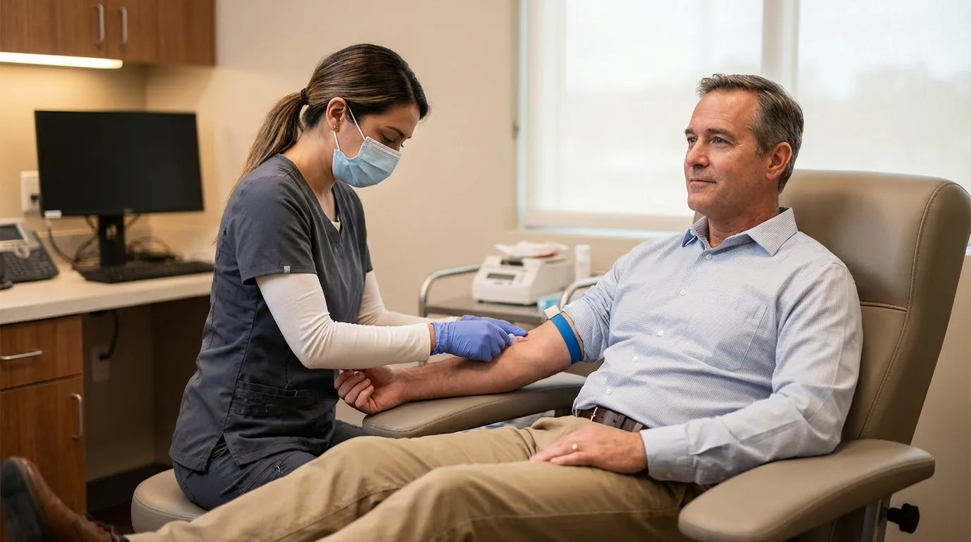 A compassionate nurse draws blood from a calm father's arm in a modern clinic, a routine step for monitoring men on testosterone therapy.