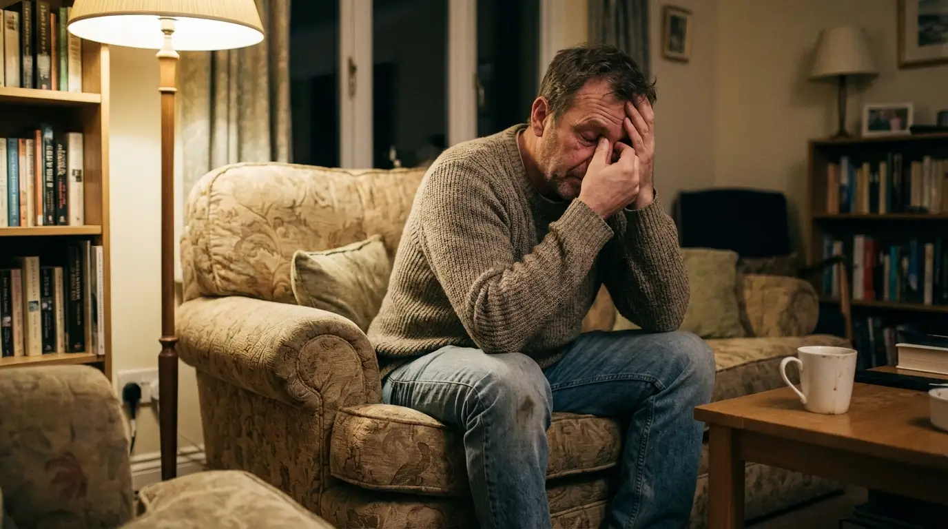 A middle-aged man sits in a dimly lit living room, looking tired and worried, a common sign many seek testosterone replacement therapy for.