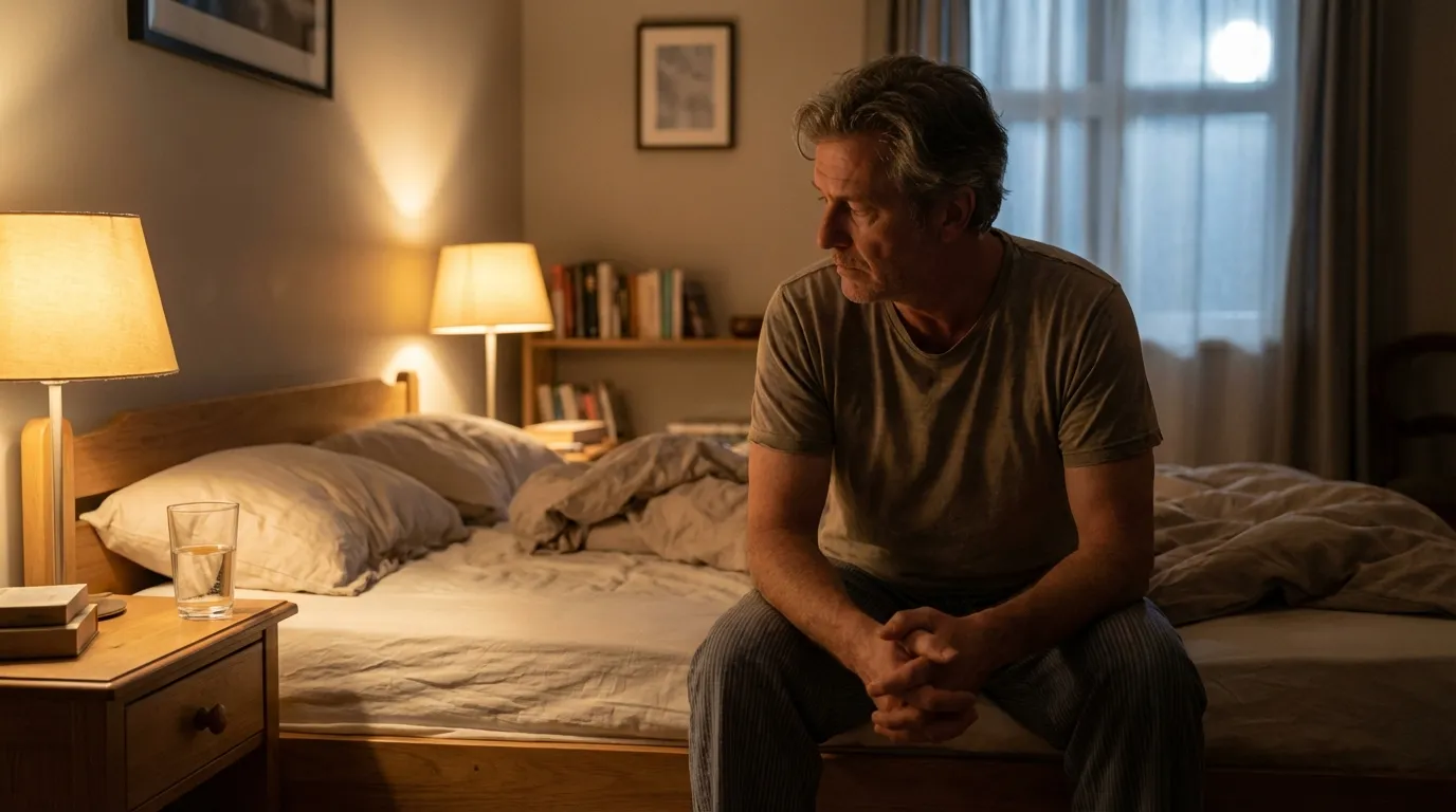 A troubled man sits on the edge of his dimly lit bed, contemplating the fatigue that often leads men to seek TRT.