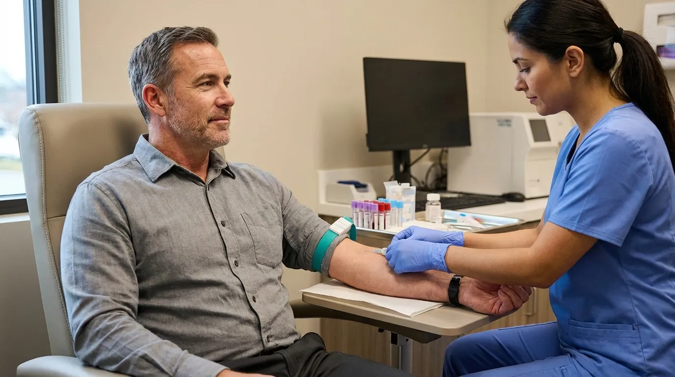 A middle-aged man calmly receives a blood draw from a nurse in a clinic, a necessary step for monitoring testosterone replacement therapy.