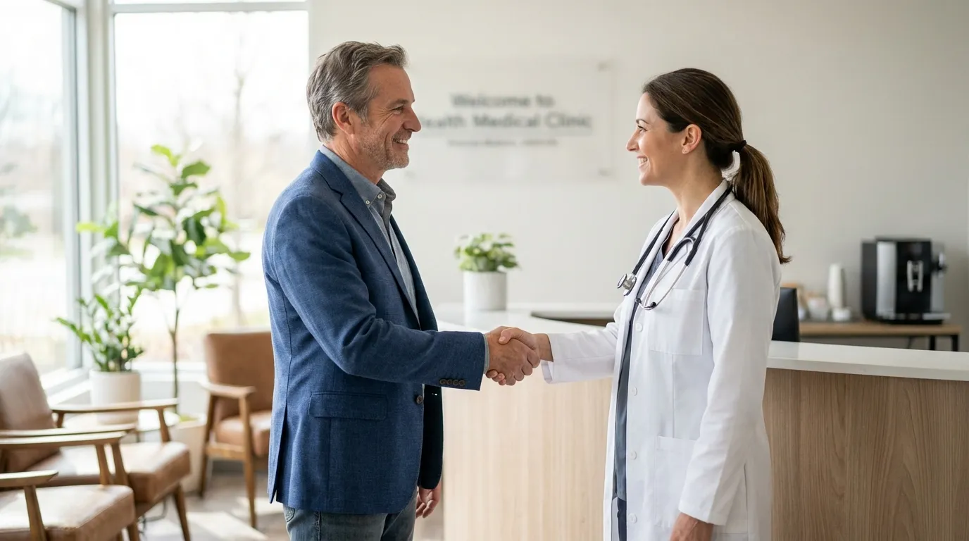 A smiling father shakes hands with a doctor at a clinic, a hopeful first step for men exploring testosterone therapy.