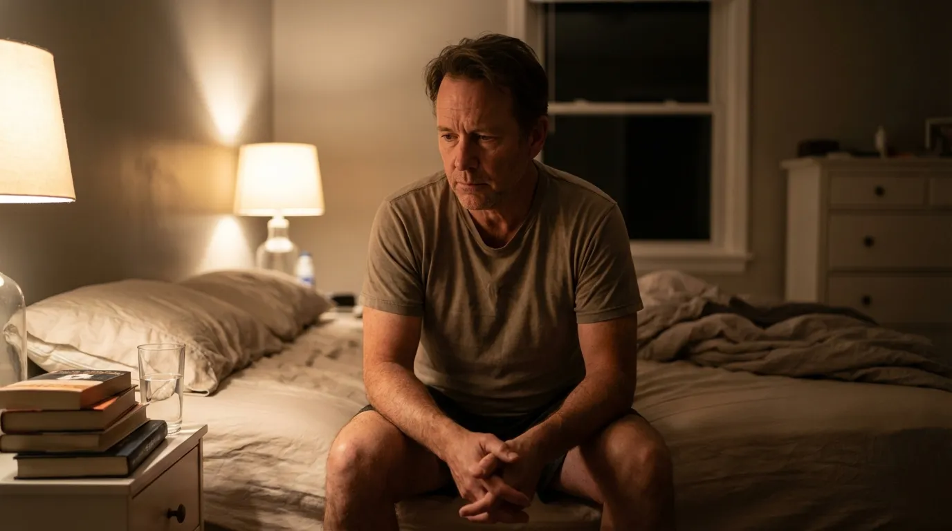 A pensive man sits awake on his bed at night, experiencing the low energy that often leads men to explore testosterone therapy.
