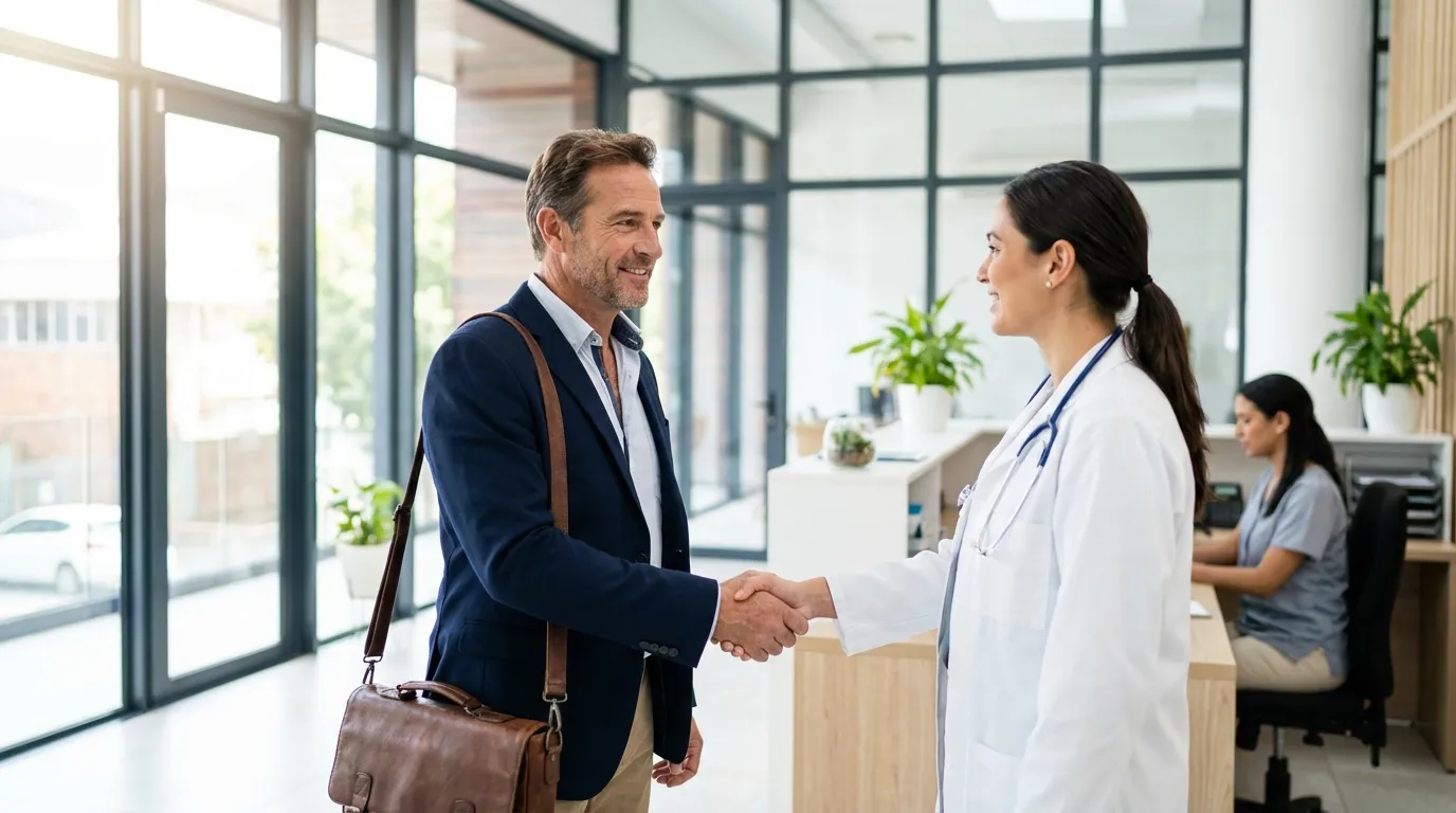A man shaking hands with a doctor in a clinic, a positive first step toward the renewed energy TRT can bring.