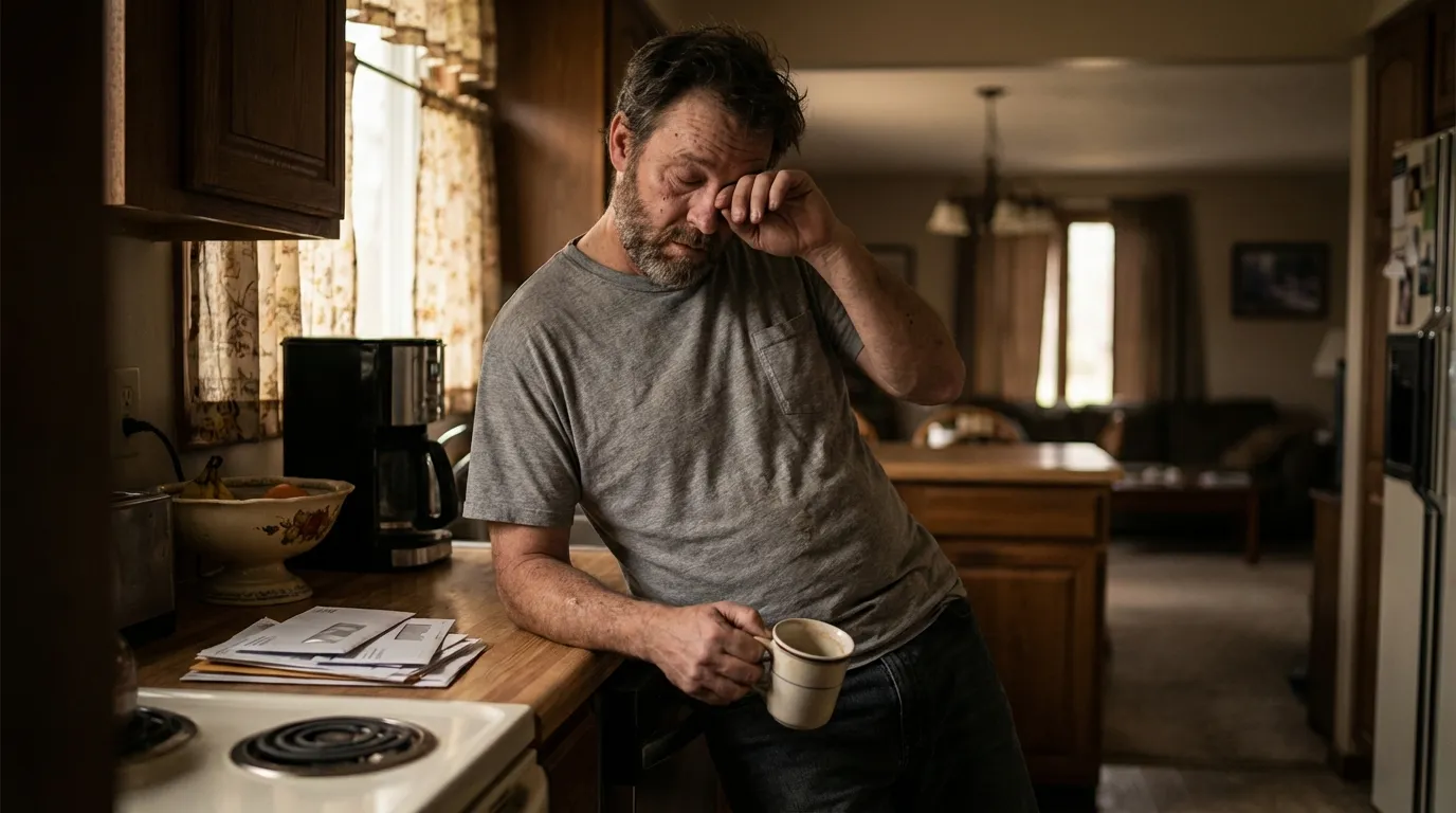 A weary father rubs his eye, coffee in hand, reflecting the morning fatigue many men address with TRT.