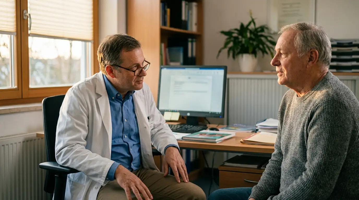 A doctor in a white coat listens attentively to an older man in a professional office, discussing the potential benefits of TRT.