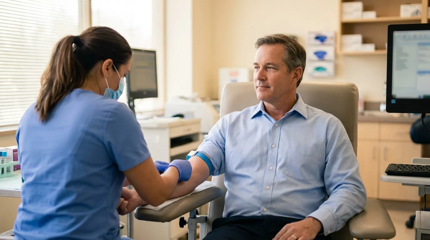 A man calmly receives a blood draw from a nurse in a clinic, a common diagnostic step for men considering testosterone therapy.