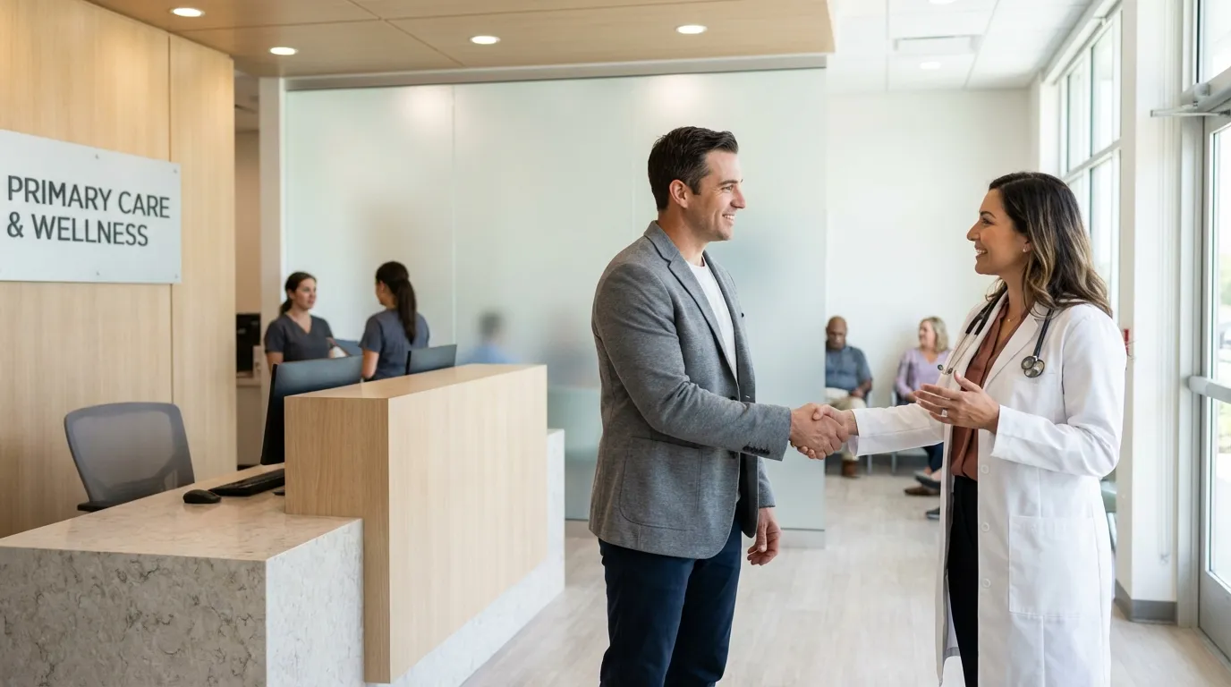 A friendly doctor in a clinic shakes hands with a smiling man, a welcoming moment for men exploring testosterone replacement therapy.