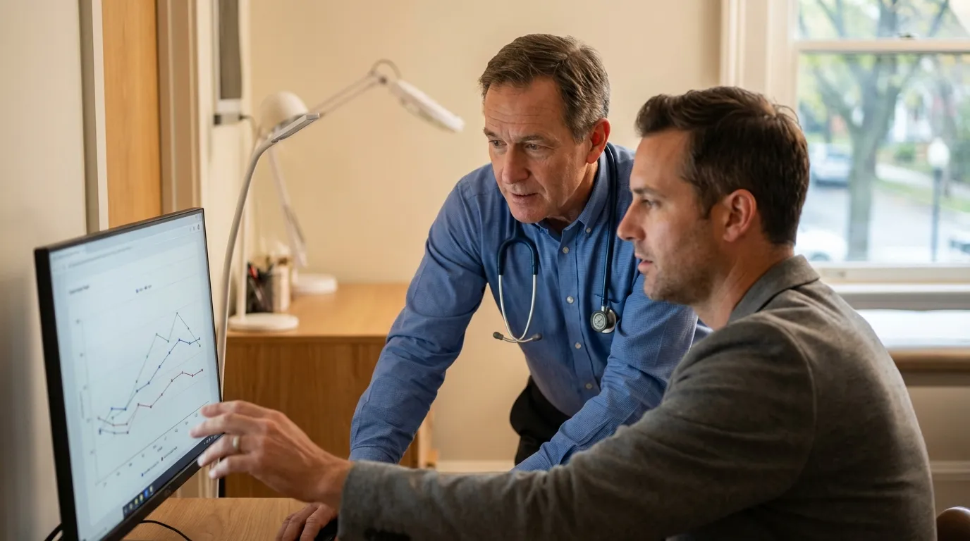 A doctor and a man intently examine a health graph on a computer, showcasing the detailed analysis guiding successful testosterone therapy.