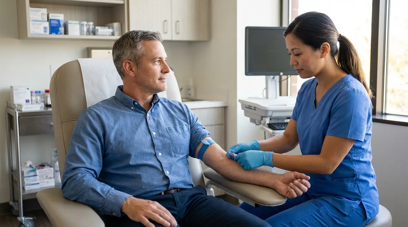 A man receives a blood draw from a nurse in a clinic, a key step in evaluating levels for testosterone therapy.
