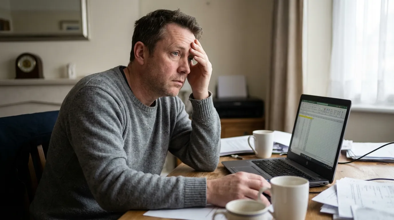 A man looking stressed at a desk with his laptop open, a feeling of fatigue many discover TRT can help.