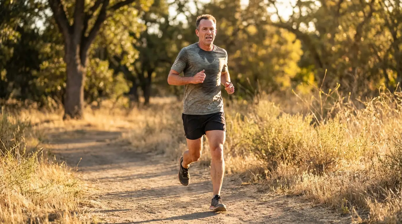 A focused man jogs on a sunny dirt trail through a golden landscape, reflecting the renewed vitality from TRT.