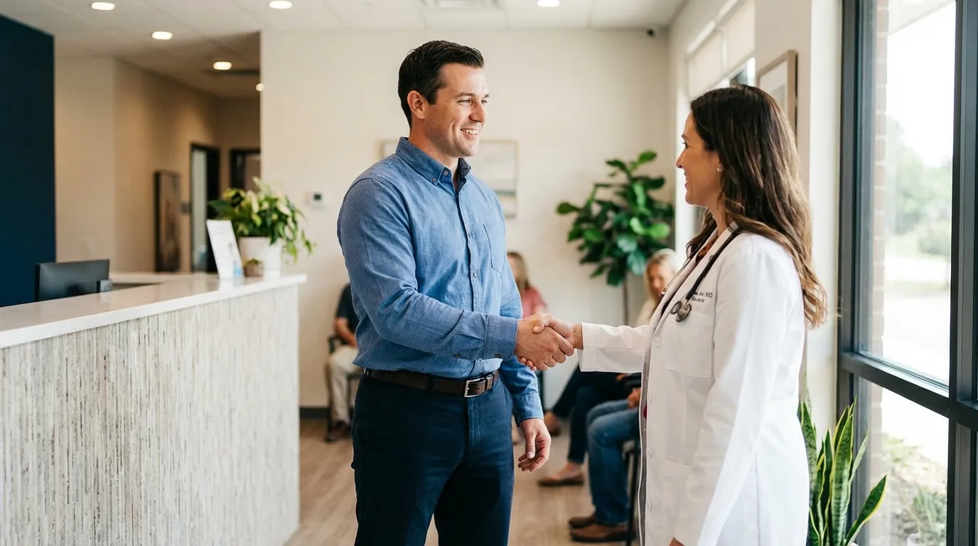 A smiling man shakes hands with his female doctor in a bright medical clinic, ready to start his testosterone therapy journey.