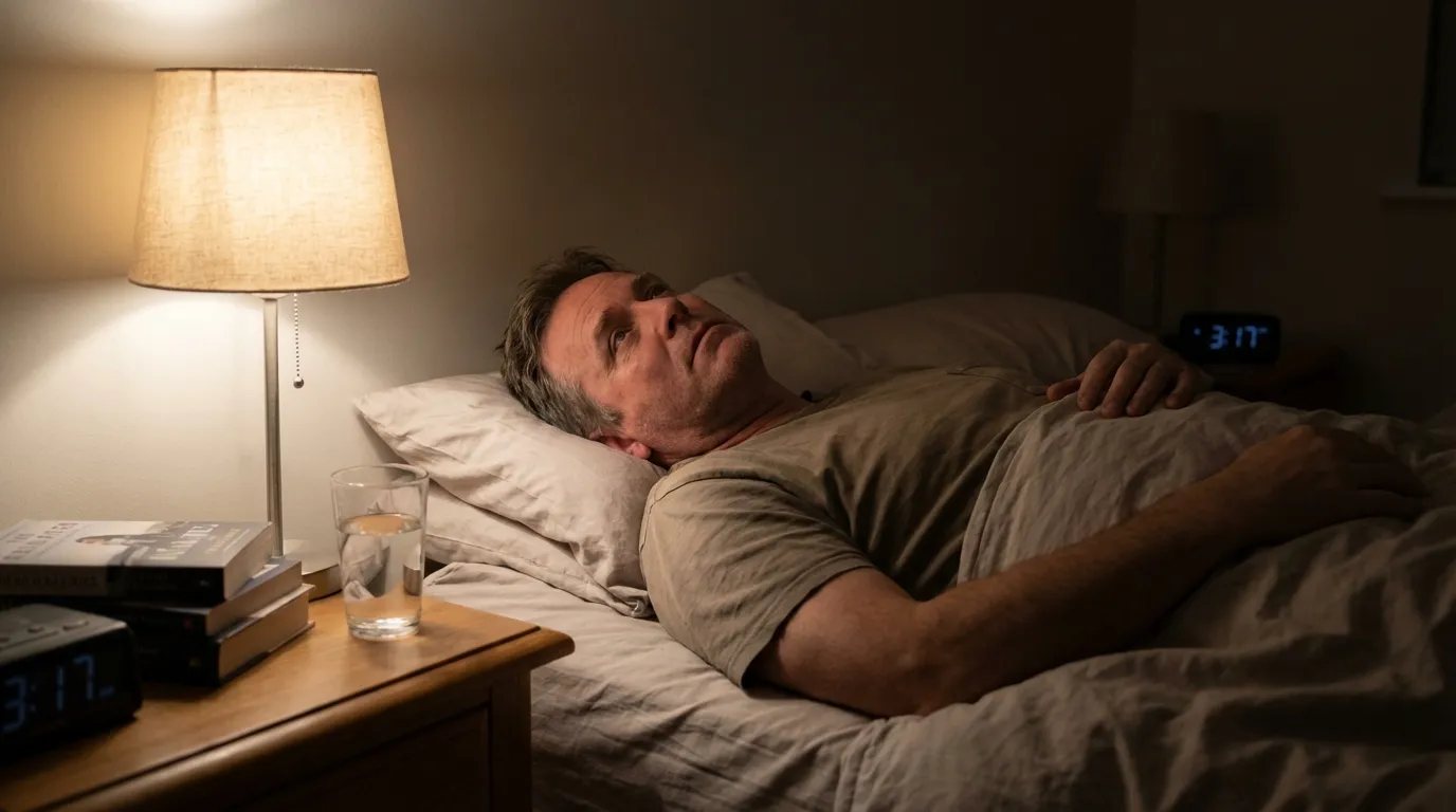 A father lies awake in bed at 3:17 AM, experiencing the sleeplessness that often leads men to explore TRT.