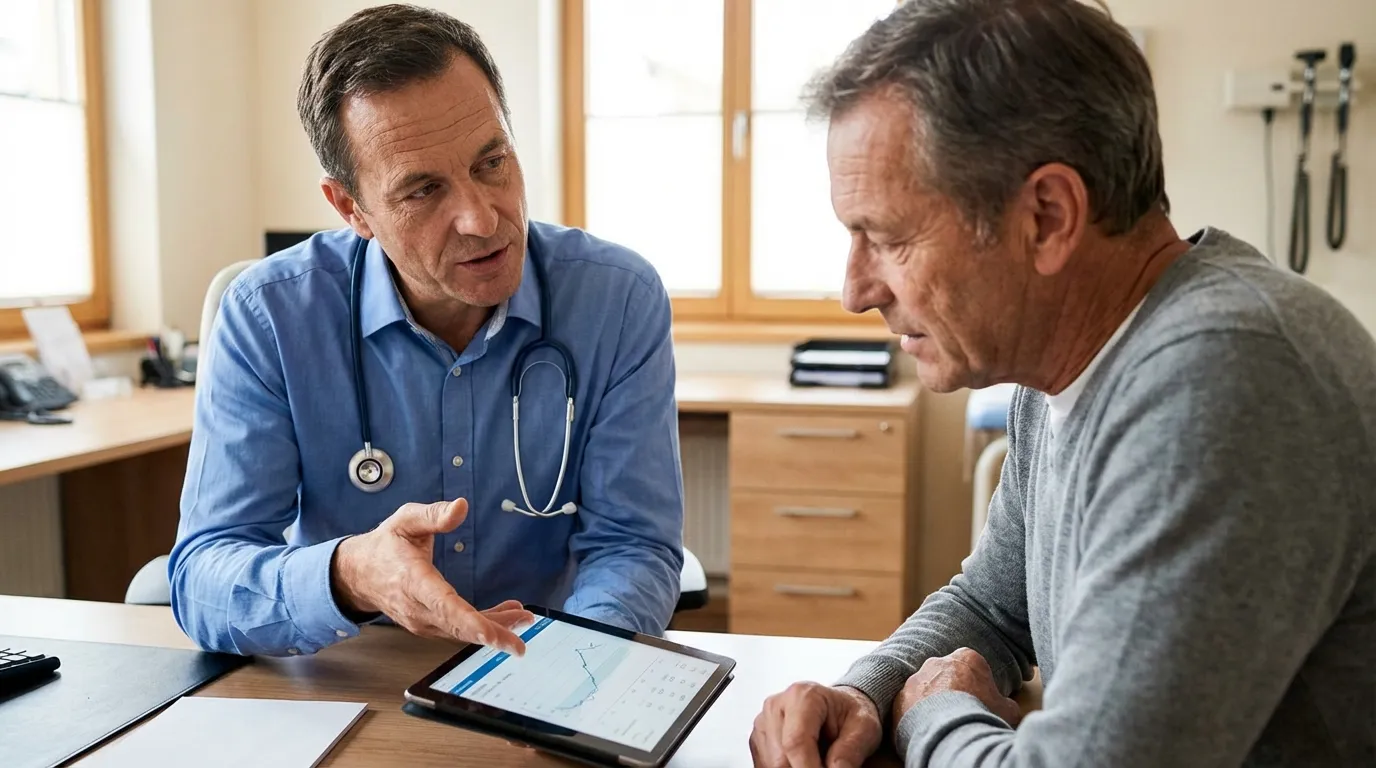 A doctor explains medical results on a tablet to a man, demonstrating the clear communication men appreciate for discussing testosterone therapy options.