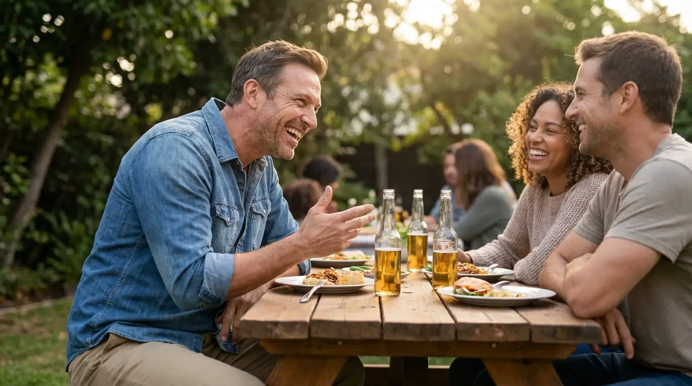 A diverse group of friends enjoying a lively outdoor dinner and laughing together, a common joyful scene many men rediscover through TRT.
