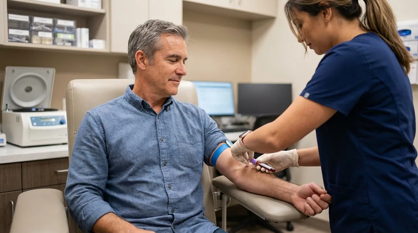 A calm man in a clinic sits for a blood draw by a nurse, a routine step for monitoring testosterone therapy progress.