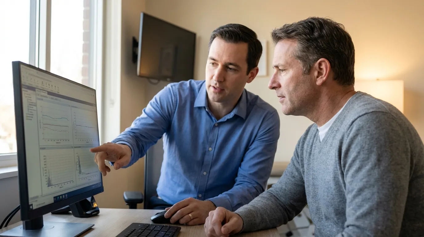 An advisor points at data on a computer screen to a focused man, explaining the detailed analysis involved in TRT.